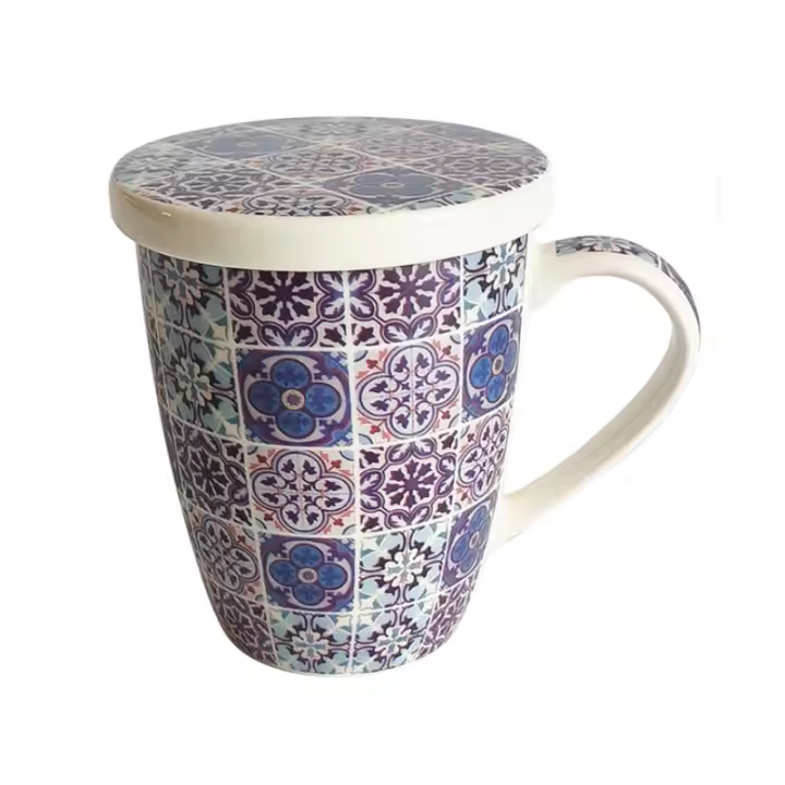 Gissed Tazas de Cerámica con Infusor y Tapa - Diseño Azulejo Vintage, Perfectas para Té e Infusiones - 10 cm Altura, 9 cm Diámetro, con Filtro de Acero Inoxidable - 1