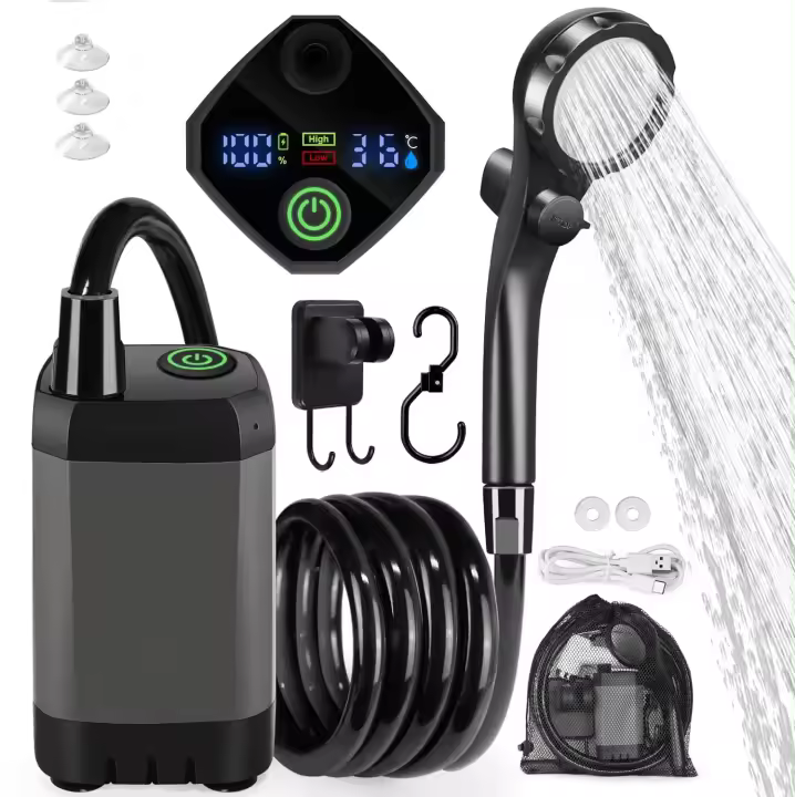 Ducha Portatil Camping, Duchas al Aire Libre Acampada con Mejorada Bomba Batería 6000mAh Recargable, Pantalla Digital Inteligent para Senderismo, Baño,Duchas para Perros y Lavado de Autos - 1