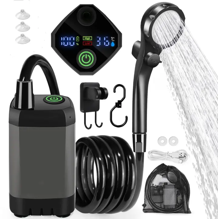 Ducha Portatil Camping, Duchas al Aire Libre Acampada con Mejorada Bomba Batería 6000mAh Recargable, Pantalla Digital Inteligent para Senderismo, Baño,Duchas para Perros y Lavado de Autos - 1