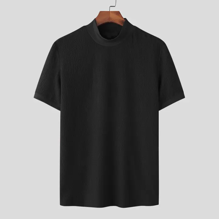 Camiseta De Verano Nueva Moda Cuello Alto Texturizado Casual Streetwear Color Sólido Manga Corta Estilo Coreano Tops Para Hombres - 1