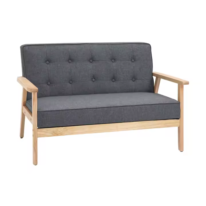 HOMCOM Sofá de 2 Plazas con Respaldo y Cojines Acolchados Patas de Madera Antideslizantes Botones con Mechones Salón Dormitorio Oficina 113x67x78 cm Gris - 1