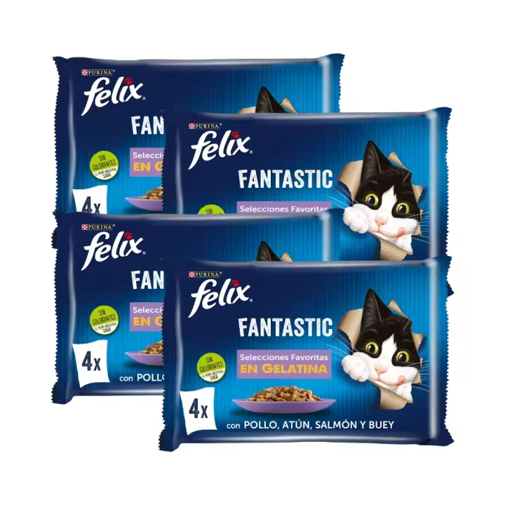 FELIX - Fantastic Gelatina (16x85 gr) - Comida Húmeda Selecciones Favoritas (Pollo, Salmón, Atún y Buey) (4 Paquetes de 4x85 gr) - 1