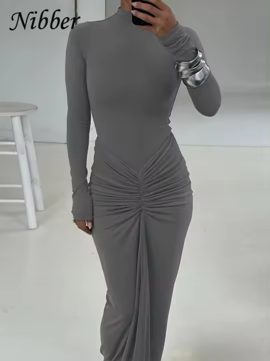 Vestido Simple Ruched Para Mujer Temperamento Moda Manga Larga Cuello En O Ajustado Estirado Clásico Hipster Vestidos - 1
