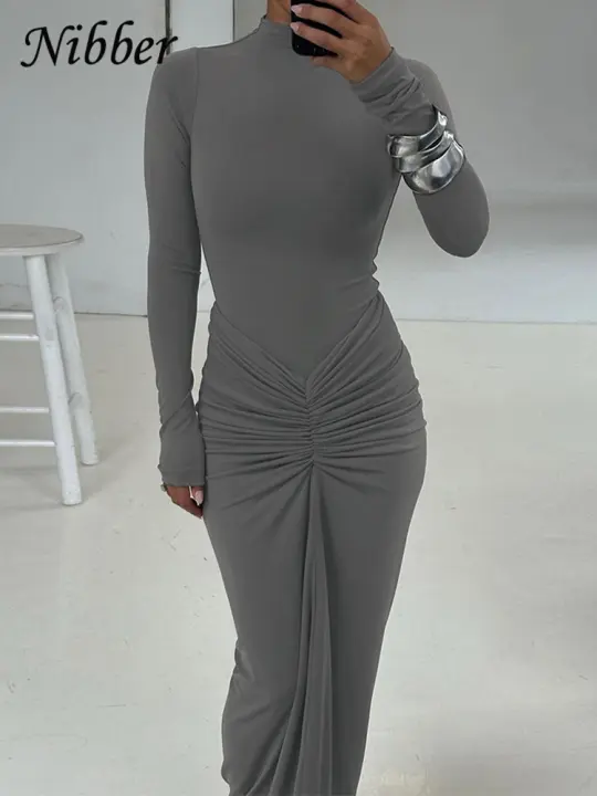 Vestido Simple Ruched Para Mujer Temperamento Moda Manga Larga Cuello En O Ajustado Estirado Clásico Hipster Vestidos - 1