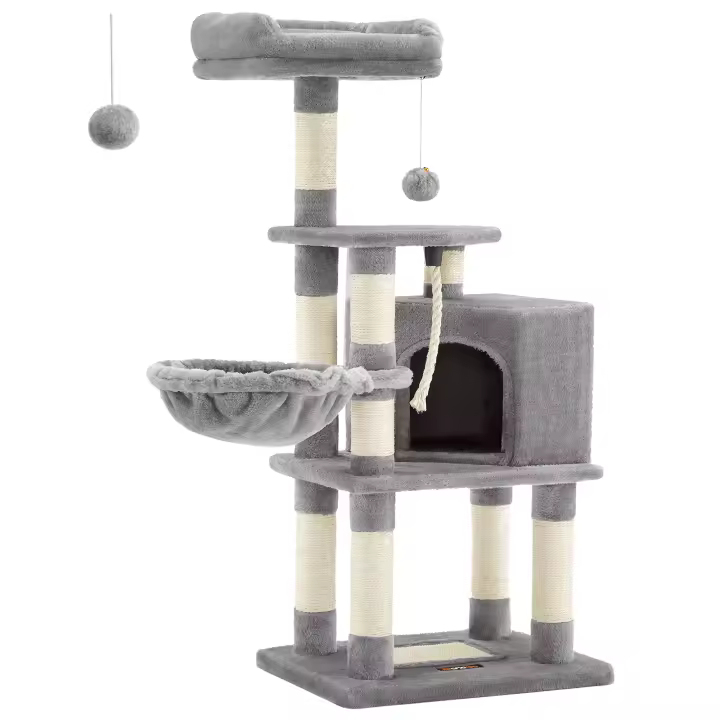 Feandrea Árbol para Gatos de 110 cm de Altura, Rascador para Gatos, con Base y 9 Postes, 1 Plataforma, 1 Cueva, 1 Hamaca, 1 Pompón, 1 Cuerda, Felpa Multicapa, Gris Claro - 1