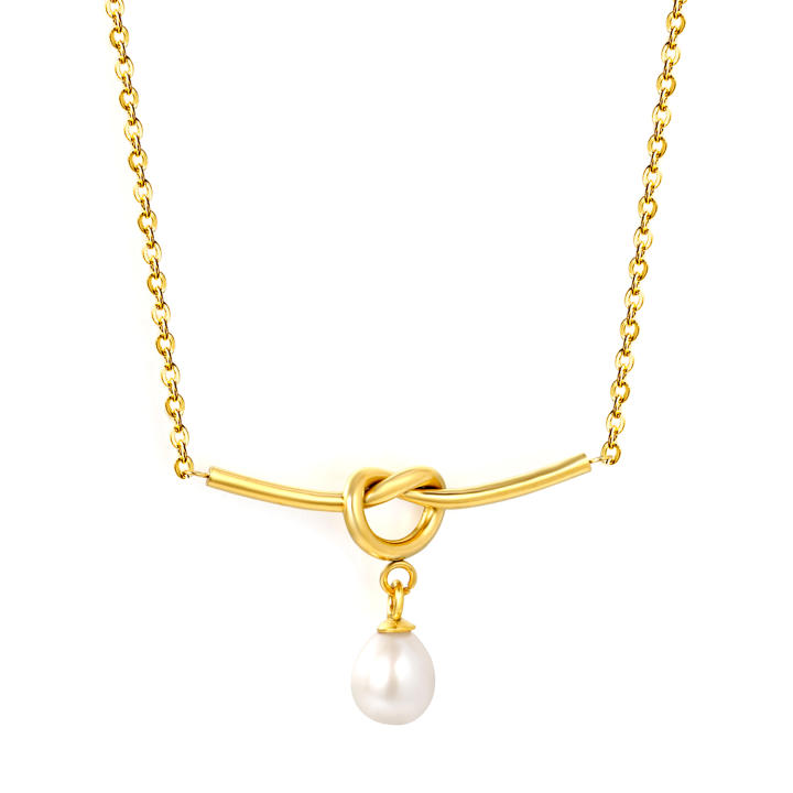 French Minimalist Knot Freshwater Pearl Necklace 18K Gold Stainless Steel Dainty Clavicle Chain Elegant Jewelry For Women Gift