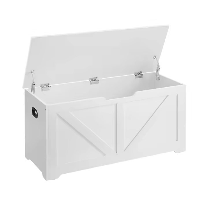 VASAGLE Puff Almacenaje, Banco Almacenaje con 2 Bisagras de Seguridad, Baúl Almacenaje, Banco Zapatero, Estilo Granero, 40 x 100 x 46 cm, para Pasillo Dormitorio Salón, Blanco Mate/Marrón Rústico/Greige Brezo - 1