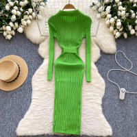 Vestido De Punto Para Mujer REALEFT Otoño Invierno Con Cinturón Cuello Polo De Mano Sola Manga Larga Ajuste Cintura Alta Vestido De Trabajo - details 6