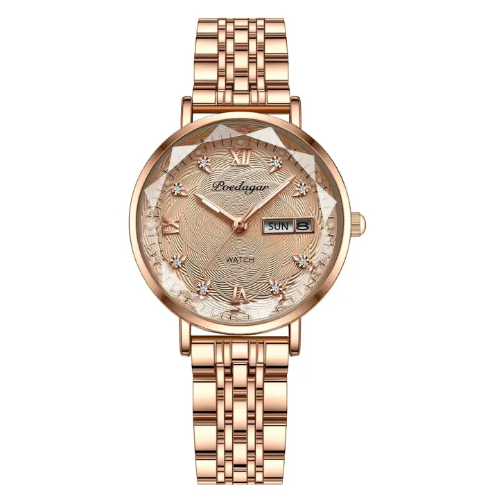Reloj De Mujer POEDAGAR Elegante Y Lujo Resistente Al Agua Con Luminiscencia Fecha Día De La Semana Moda Acero Inoxidable Cuarzo Reloj De Pulsera Para Mujer - 1