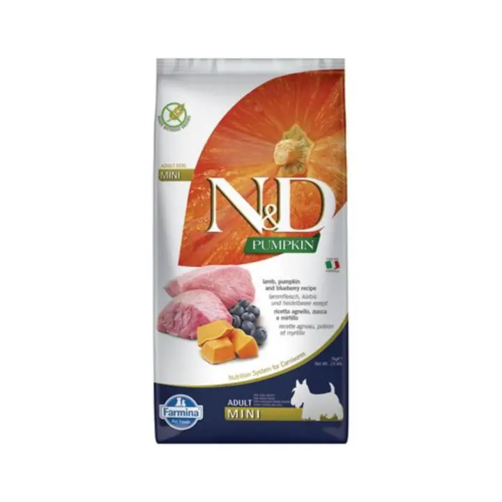 FARMINA N&D DOG PUMPKIN MINI CORDERO 7 Kg. Pienso para perros de razas pequeñas con delicioso cordero, calabazas y arándanos. Sin cereales y croquetas adaptadas a la madíbula - 1