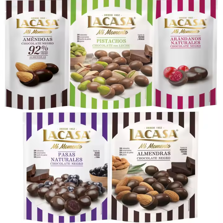 Lacasa Mi Momento pack de 5:Arándano Chocolate Negro ,Almendra 92% ,Pasas Chocolate Negro ,Almendra Chocolate Negro ,Pistacho Chocolate Leche - 1