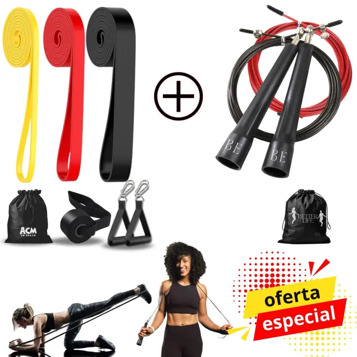 PACK COMBA DE SALTAR + 3 BANDAS ELASTICAS MUSCULACION CON ANCLAJE - 1