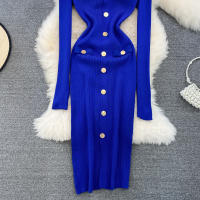 Vestido Midi De Punto REALEFT Para Mujer Con Cuello En V Manga Larga Y Falda Frontal Solta Estilo Casual Color Sólido Otoño Invierno - details 30