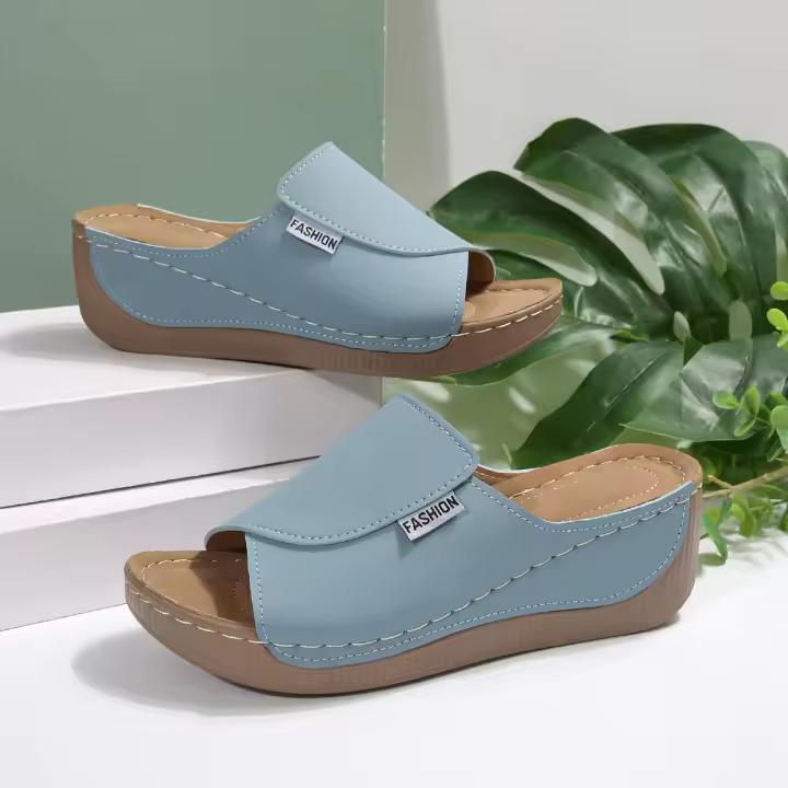 Zapatillas casuales de Suela Gruesa de gran tamaño para Mujer, zapatillas de Tacón de cuña con Boca de Pez, sencillas y Moderanas con Tiras anchas. - 1