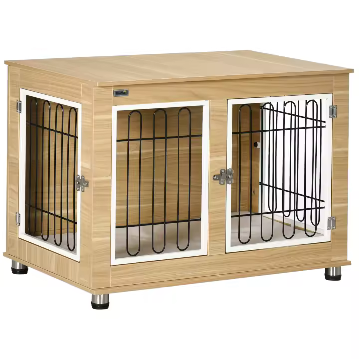 PawHut Jaula para Perros Mesa Auxiliar con Cojín Lavable Casa para Mascotas con Estructura de Acero para Perros Medianos y Grandes 90x58x65 cm Roble - 1