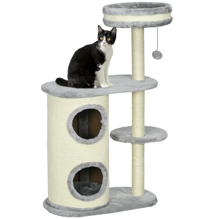 PawHut Rascador para gatos, 100 cm, árbol trepador con barril rascador, rascador para gatos, árbol para gatos con columna de sisal y pelota de juego, mueble para gatos con cojín, felpa, gris - 1