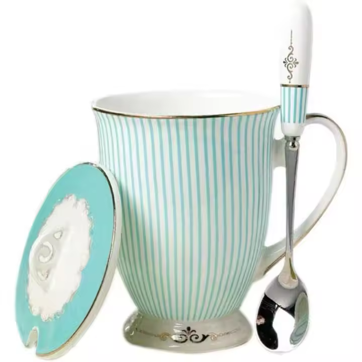 Taza de Café y té de Porcelana de estilo Europeo con tapa para el desayuno en casa o en la cocina (Patrón de Rayas, Cian) - 1