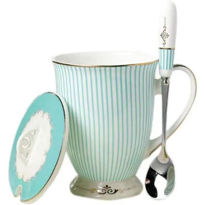 Taza de Café y té de Porcelana de estilo Europeo con tapa para el desayuno en casa o en la cocina (Patrón de Rayas, Cian) - 1