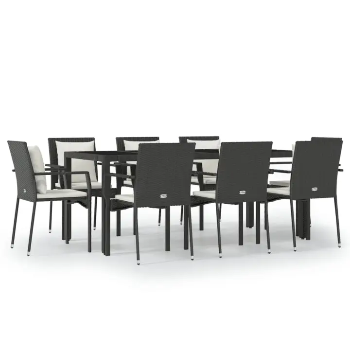 vidaXL Set de comedor de jardín 9 pzas y cojines ratán sintético negro - 1