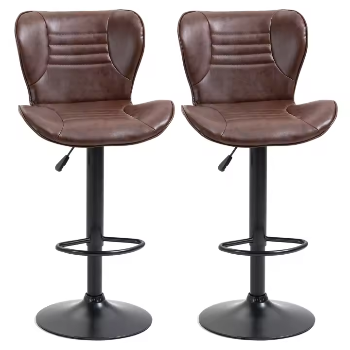 HOMCOM Juego de 2 Taburetes de Bar Tapizado en Cuero Sintético Taburetes Altos de Comedor Regulable en Altura Giratorio con Respaldo y Reposapiés 46,5x54x88-108 cm Marrón - 1