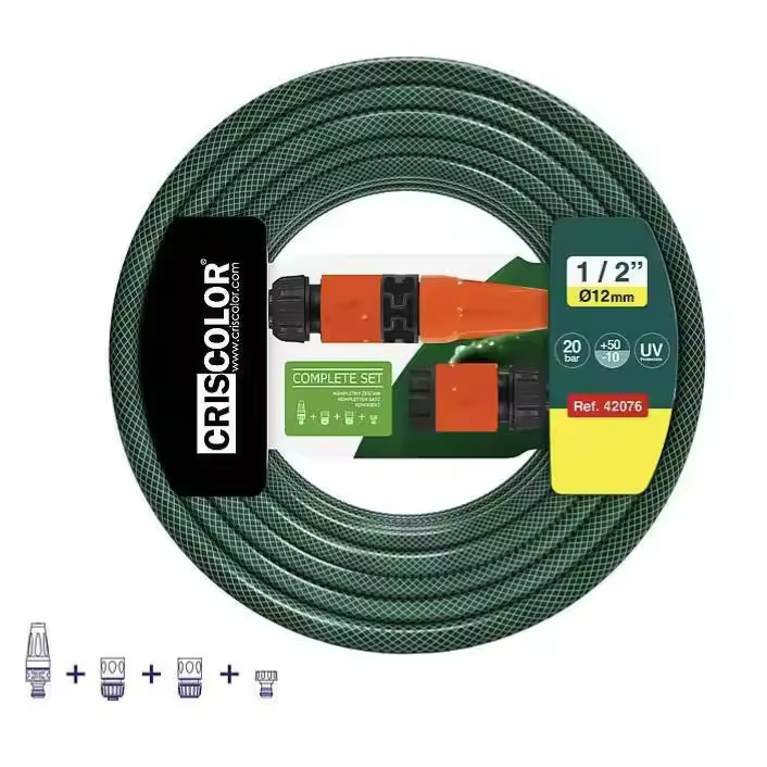 Manguera de Agua de Jardín 1/2" Pulgadas(12mm) 10m/15m/20m - Set Manguera con Conexión y Boquillas para Riego Reforzada 3 Capas -Presión de rotura de 20 bar - 1