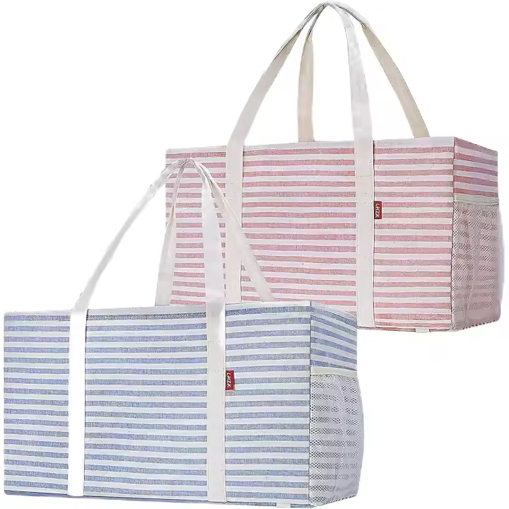Paquete de 2 Bolsas utilitarias extra grandes con Estructura de alambre de metal y laterales forzados, Bolsa utilitarian Grande plegable de Lona (Azul/Rosa) - 1