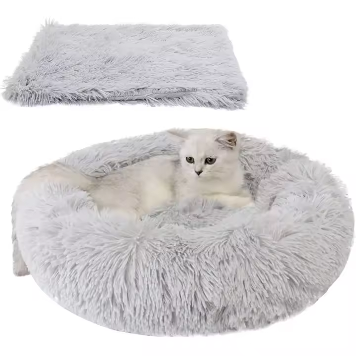 Cama para Mascotas, Cama para Gatos with an Alfombra Suave, Cama Redondo para Gatos Perros, Cama Suave de Felpa para Mascotas (Gris Clara 50 cm) - 1