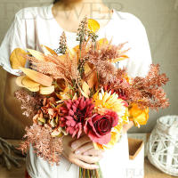 Bouquet De Flores Artificiales Otoño Rosa De Seda Hojas De Maple Dandelion Para Decoración De Hogar Bodas Halloween Y Otoño - details 0