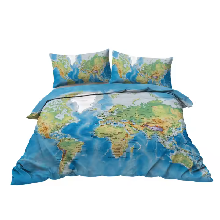 Juego De Cama Con Diseño De Mapa Del Mundo 3 Piezas Funda De Edredón Y 2 Almohadillas Estilo Moderno 100% Poliéster - 1