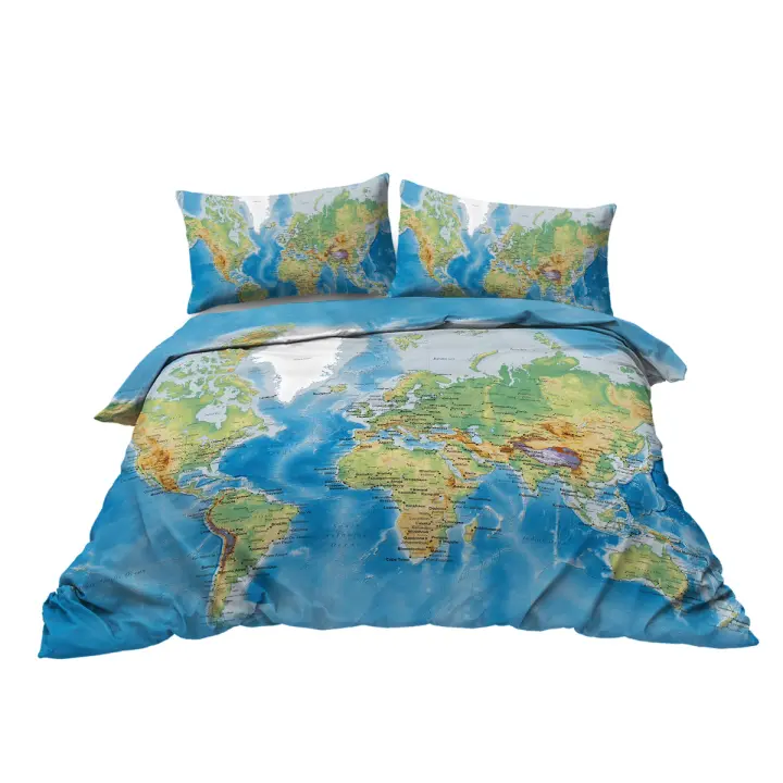 Juego De Cama Con Diseño De Mapa Del Mundo 3 Piezas Funda De Edredón Y 2 Almohadillas Estilo Moderno 100% Poliéster - 1