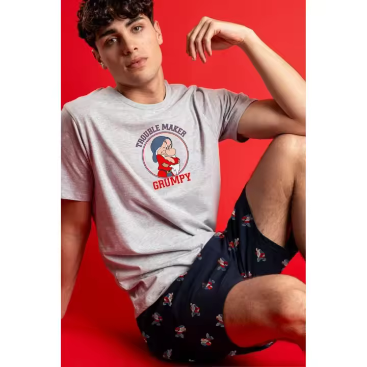 Pijama de Verano para Hombre, Modelo 63220 "Grumpy", Color Gris Jaspeado, Disney - 1