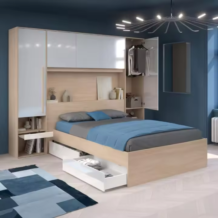 Pack Dormitorio Completo John Cama 135-140x190 cm y Cabecero Puente color Roble Brooklyn y blanco Shiny - 1