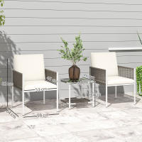 Outsunny Conjunto de Jardín Exterior de 3 Piezas Juego de 2 Sillas y Mesa de Ratán con Cojines Acolchados y Encimera de Vidrio para Balcón Terraza Marrón y Crema - details 2