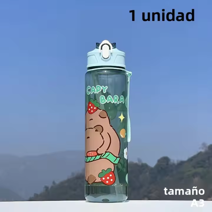 Botella De Agua Para Niños 800ML Con Pajita Y Tapa Antirotura Capybara Dibujos Animados Portátil Para Exteriores Material Plástico Reutilizable - 1