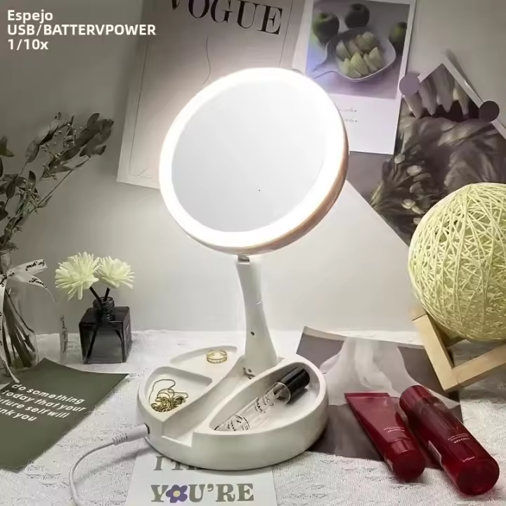 Espejo De Maquillaje Portátil Con Doble Cara LED Y Batería/USB 10X Magnificación Luz LED Dual Propósito Para Maquillaje - 1