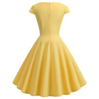 Vestido Midi De Verano Rosa Elegante Para Mujer Vuelta En El Cuello Vintage Rockabilly Pin up Fiesta Oficina Vestido A-Line Suelto - details 16