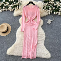 Vestido Largo Vintage De Cintura Alta REALEFT Para Mujer Con Cuello Redondo Manga Larga Y Abertura Lateral Vestido De Encaje Tricotado - details 1