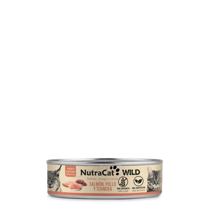 Lata de salmón, pollo y ternera para gatos NutraCat WILD 80g 15 LATAS - 1
