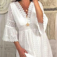 Vestido Blanco De Cintura Alta Para Mujer Primavera Verano Elegante Con Manga Flare Vestido Casual Con Vuelta Y Lace Longitud Mini - details 4