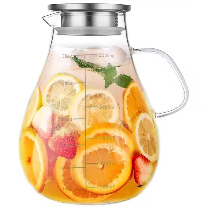 Jarra de vidrio con tapa, 88 onzas – 84.5 fl oz con línea de escala precisa, jarra de agua caliente/fría, jarra de jugo y té helado con tapa - 1