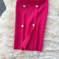 Vestido Tejido REALEFT 2025 Para Mujer Verano Cuello En V Corto Manga Metálico Botones Cintura Alta A-Line Longitud Media - details 15