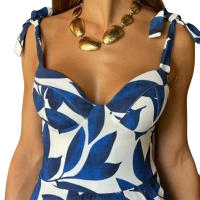 BAMBOOBOY Vestido Largo De Verano Para Mujer Con Estampado De Encaje Spaghetti Strap V-Neck Sundress De Playa Vestido De Fiesta De Poliéster Con Estiramiento Ligero - details 5