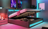 Cama tapizada con USB 140x200 cm, Cama Doble LED con somier de metal, somier Juvenil de Material de Lino (con colchón) - details 1