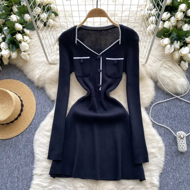 Vestido Mini De Encaje Elegante Para Mujer Con Cuello En V Y Diseño De Contraste Sólido Vestido Bodycon Para Fiesta Traje De Lana Con Ribbing - 1