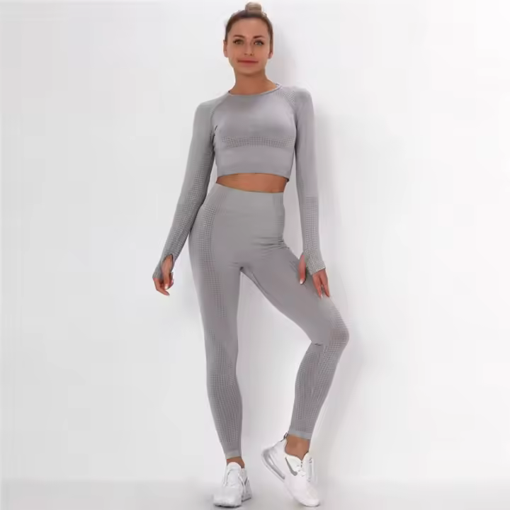 Yoga Set Gym Sets Ombre Seamless Leggings+Cropped Shirts Workout Sport Suit Long Sleeve Fitness Top - 1