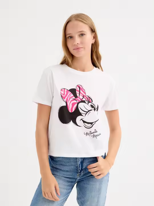 Camiseta blanca Minnie Mouse, algodón, diseño frontal, lazo rosa animal print, cuello redondo, corte regular INSIDE - 1