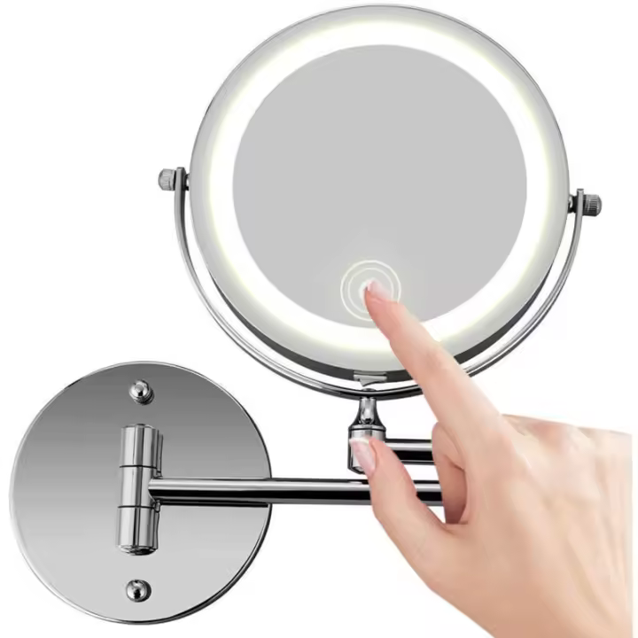 Espejo de maquillaje montado en la pared, espejo de tocador con iluminación LED de doble cara y aumento 10X para baño, giratorio 350°, recargable por USB y 7 brazos extensibles, cromado - 1