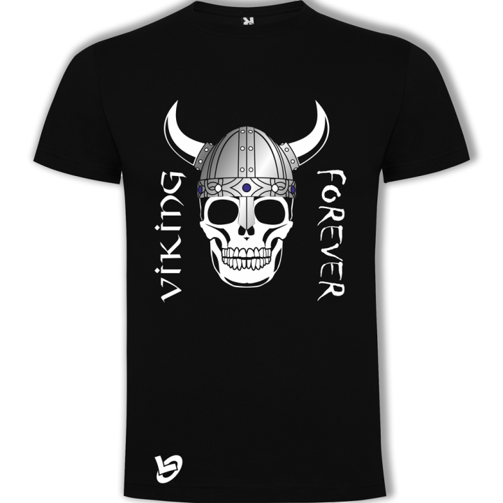 LOGOTIZATE - CAMISETA VIKING FOREVER - Diseño único de la calavera de un guerrero vikingo - Para los madridistas a muerte - Manga corta - Unisex - Tallas adulto y niño - 100% algodón - color negro - Merengue, lúcela en el Bernabéu