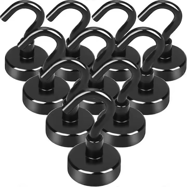 Extra Strong Magnetic Hooks Pack with Fridge Hoo k, Heavy Duty Cruise Hook for Ceiling, Small Magn etic Hook for Van, Wall (Black, 10 Pack) - 1