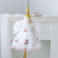 Vestido De Princesa Para Bebé Verano Con Manga Puff Y Gran Lazo Bordado De Fresa Falda Enredadera Para Niñas Ropa De Salir - details 2